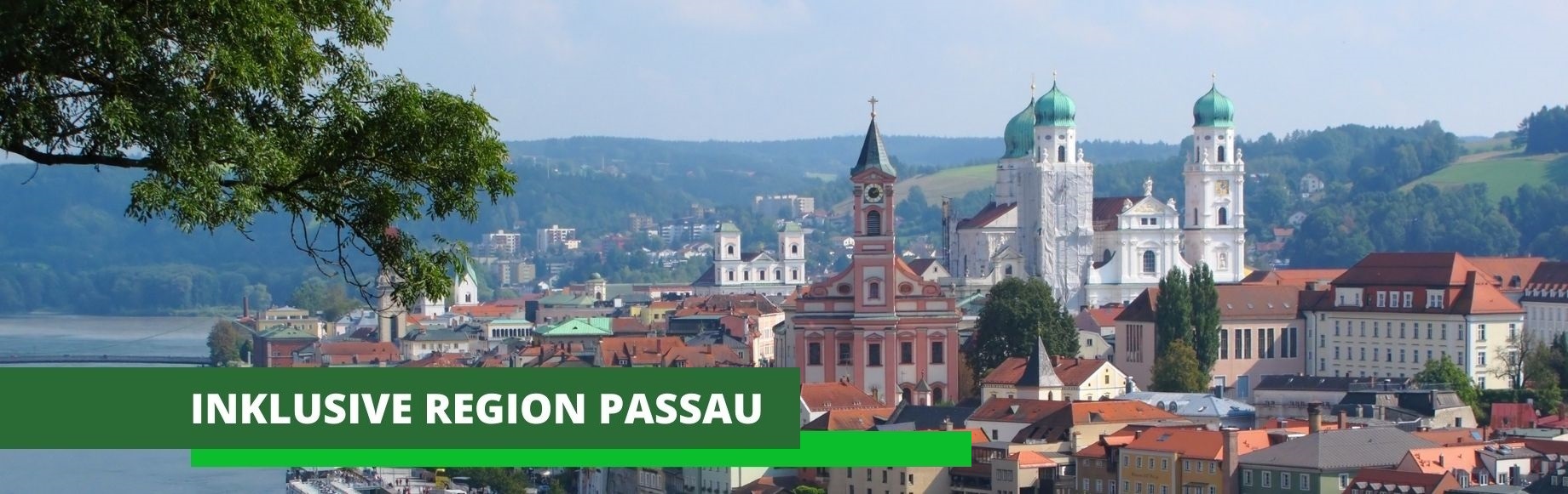 Bild INKLUSIVE REGION PASSAU – Man sieht die Passauer Altstadt von oben. Links oben ist ein grüner Ast zu sehen. Links unten treffen Donau und Inn zusammen. Im Hintergrund sind Wälder und Hügel. Der Himmel ist blau. In der Mitte des Bildes sieht man den Dom und die St. Paul Kirche, die gut zu erkennen sind.